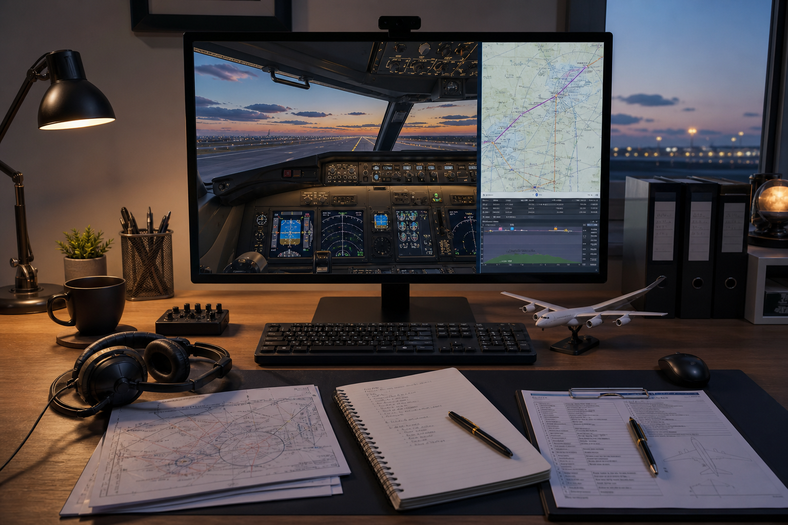 Simulator dispatch desk with cockpit and route planning displays