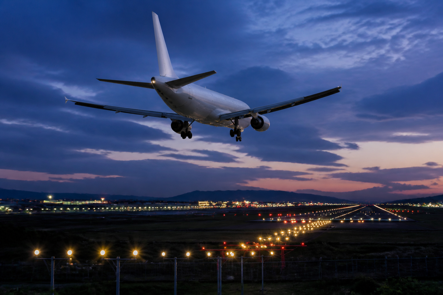 Unbranded cargo aircraft approaching a lit runway at dusk